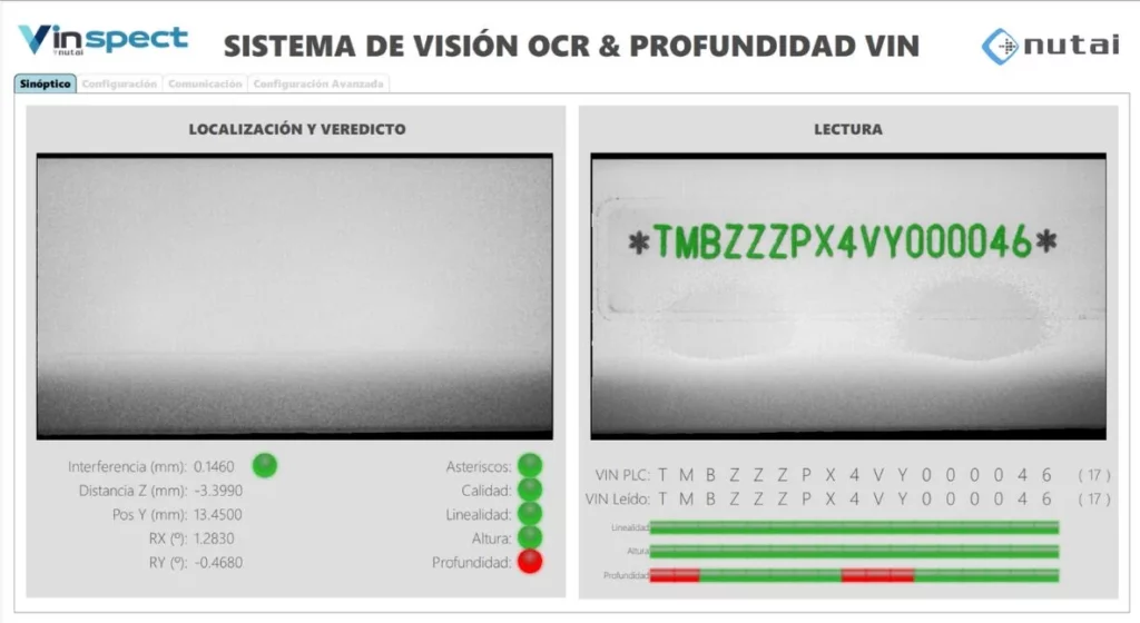 Interfaz de análisis de marcaje VIN con OCV y mediciones de profundidad 